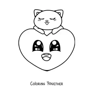 Coloring page of a pretty animated heart with a kitten