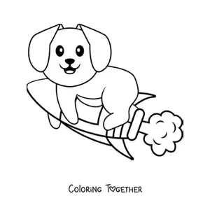 Coloring page of a cartoon dog on a rocket in flight