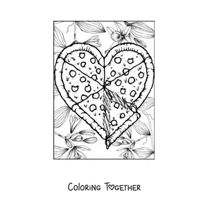 Coloring page of a big heart-shaped pizza