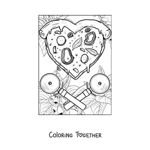 Coloring page of a heart-shaped pizza