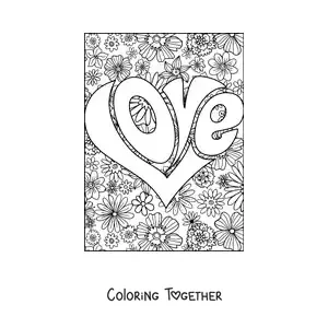Coloring page of a heart made of letters spelling love