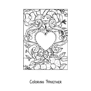 Coloring page of a heart with flowers