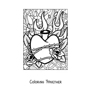 Coloring page of a heart in flames