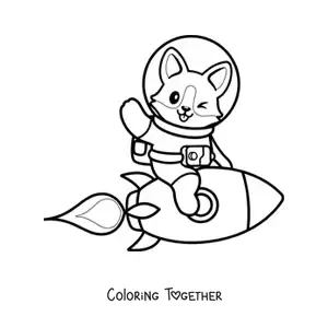 Coloring page of a cartoon dog in a space suit on a rocket