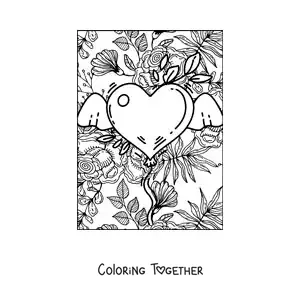Coloring page of a heart with wings and flowers