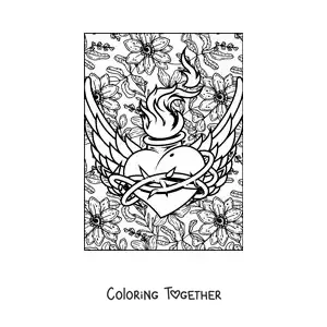 Coloring page of a heart in flames with wings