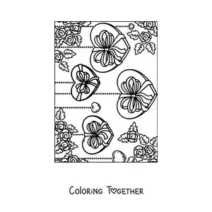 Coloring page of hanging hearts decorated with flowers