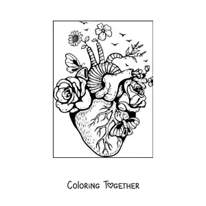 Coloring page of a realistic heart with flowers