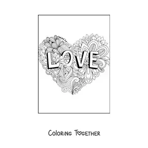 Coloring page of a heart mandala with letters spelling love