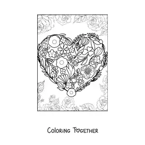 Coloring page of a heart made of flowers