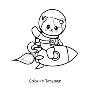 Coloring page of a cartoon cat in a space suit on a rocket