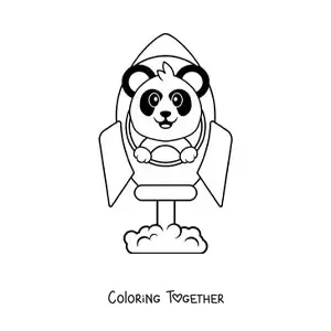 Coloring page of a cartoon panda inside a rocket