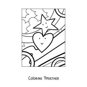 Coloring page of an animated heart next to a star
