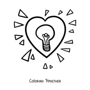 Coloring page of a big heart lit up with a light bulb