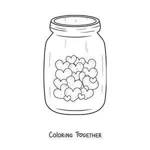 Coloring page of a glass jar full of small hearts