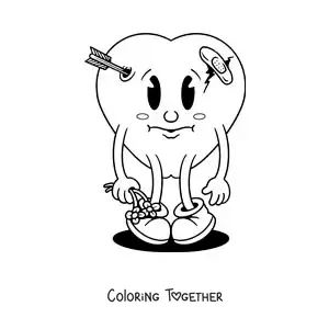 Coloring page of a cartoon of a wounded, sad heart