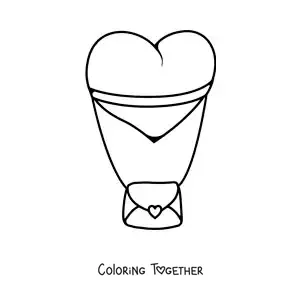 Coloring page of a heart-shaped balloon tied to a love letter