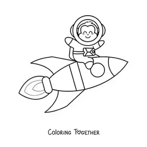 Coloring page of a cartoon monkey in a space suit on a rocket