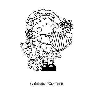 Coloring page of a girl with roses and Valentine's hearts