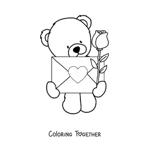 Coloring page of an animated bear with roses and a love letter