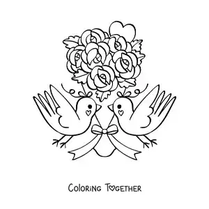 Coloring page of a beautiful bouquet of roses with birds and a heart