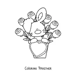 Coloring page of a cute cartoon rabbit with a bouquet of roses and a heart