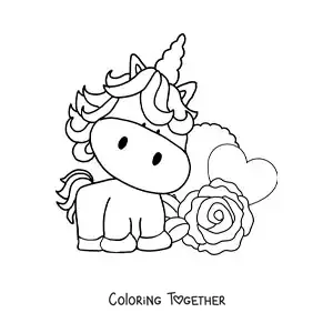 Coloring page of a cute cartoon unicorn with a rose and a heart