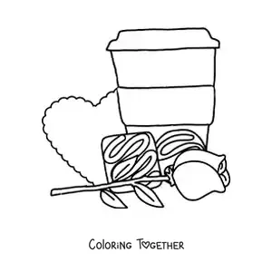 Coloring page of a cup of coffee with chocolates, a rose and a heart