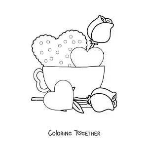 Coloring page of a coffee mug with hearts and roses