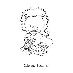 Coloring page of an animated lion with Valentine's roses and hearts