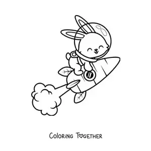 Coloring page of a cartoon rabbit in a carrot rocket