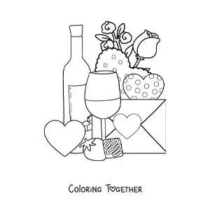Coloring page of a bottle of wine with hearts, roses and a love letter