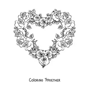Coloring page of a heart-shaped rose arrangement