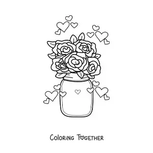 Coloring page of a bouquet of roses in a vase with hearts