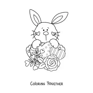 Coloring page of a cute cartoon bunny with roses and hearts