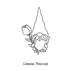 Coloring page of an animated gnome with a rose and a heart