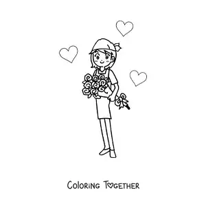 Coloring page of a girl with a bouquet of roses and hearts around her