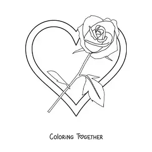 Coloring page of a big heart with a rose