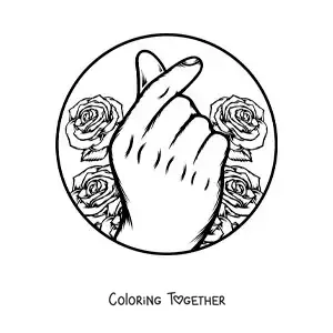 Coloring page of a hand making the Korean heart gesture with roses