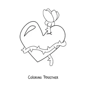Coloring page of a heart surrounded by a rose with thorns