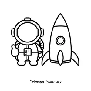 Coloring page of a cartoon astronaut next to a space rocket