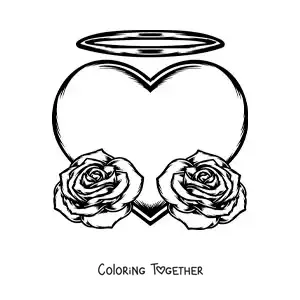 Coloring page of a big heart with two roses