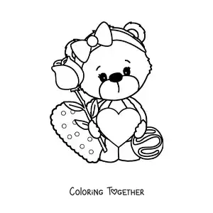 Coloring page of a girl teddy bear with hearts and a rose
