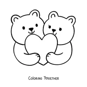 Coloring page of a pair of bears hugging a heart