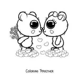 Coloring page of a pair of kawaii bears in love with roses and hearts