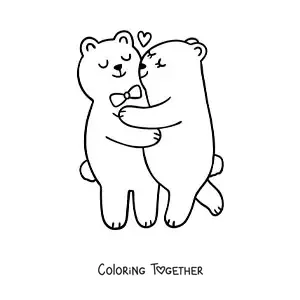 Coloring page of a pair of loving bears hugging