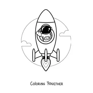 Coloring page of an astronaut waving from a space rocket in flight