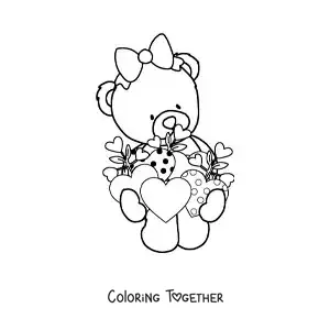 Coloring page of an animated girl teddy bear with Valentine's hearts
