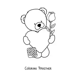 Coloring page of a teddy bear with a heart and a rose