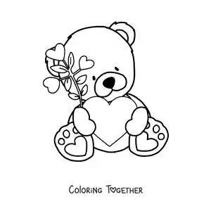 Coloring page of a teddy bear sitting with flowers and a heart
